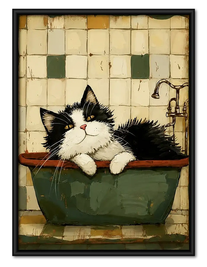 Fluffy Black and White Cat in Green Bath Wall Art
