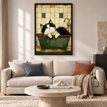 Fluffy Black and White Cat in Green Bath Wall Art 2