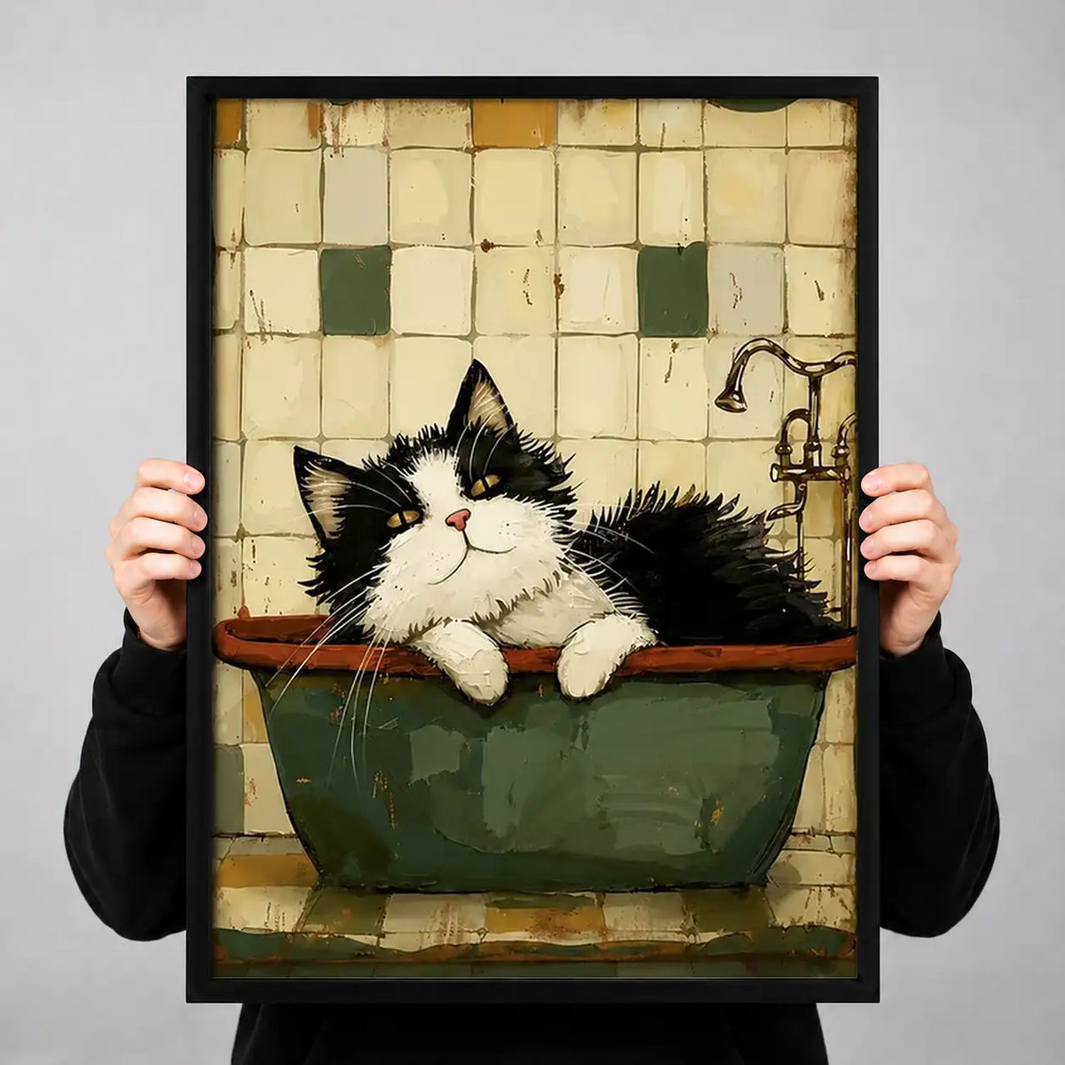 Fluffy Black and White Cat in Green Bath Wall Art 3