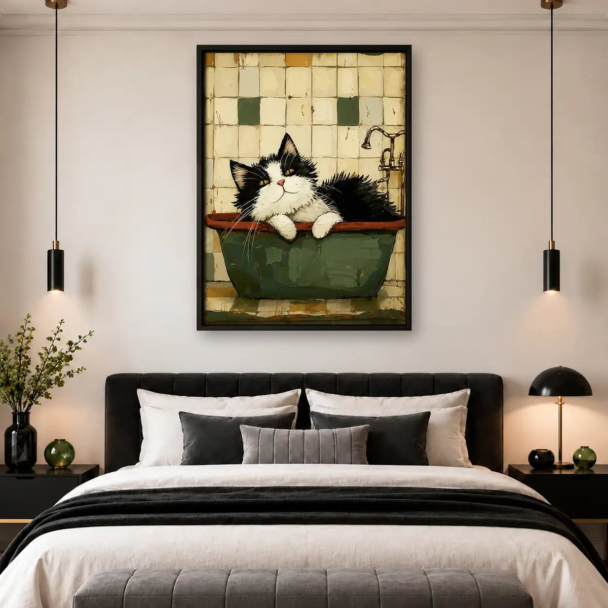 Fluffy Black and White Cat in Green Bath Wall Art 4