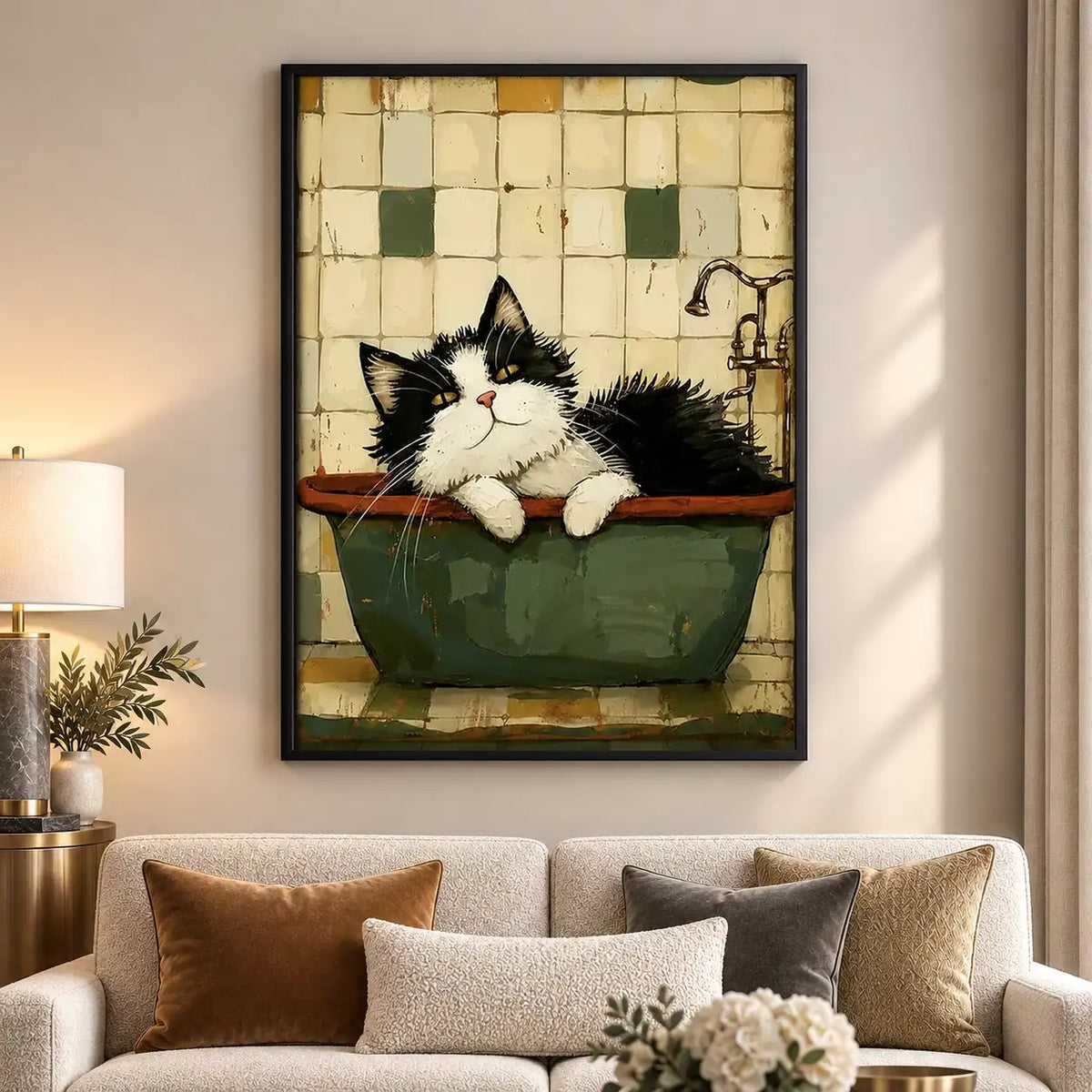 Fluffy Black and White Cat in Green Bath Wall Art 5