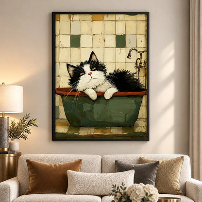 Fluffy Black and White Cat in Green Bath Wall Art 5
