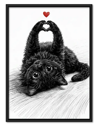 Fluffy Black Cat Making Heart Shape Wall Art 1