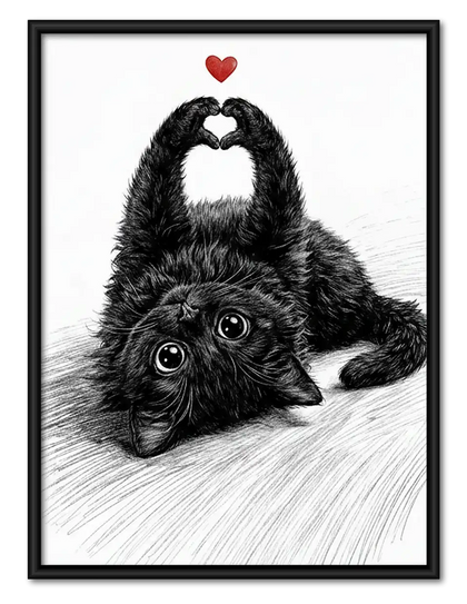Fluffy Black Cat Making Heart Shape Wall Art
