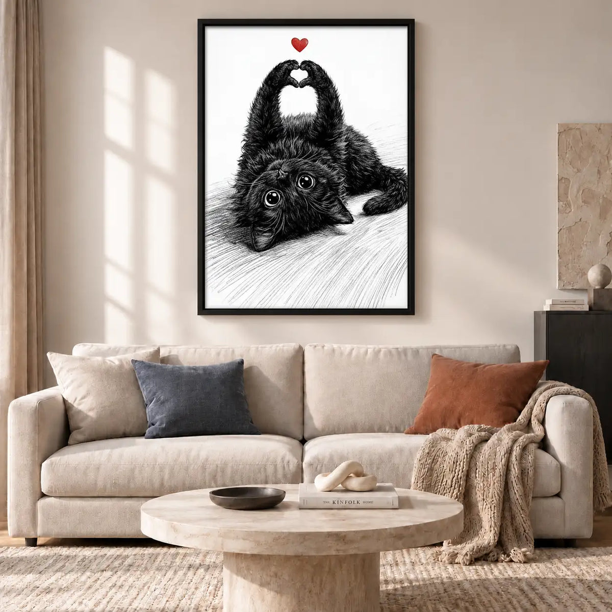 Fluffy Black Cat Making Heart Shape Wall Art 2