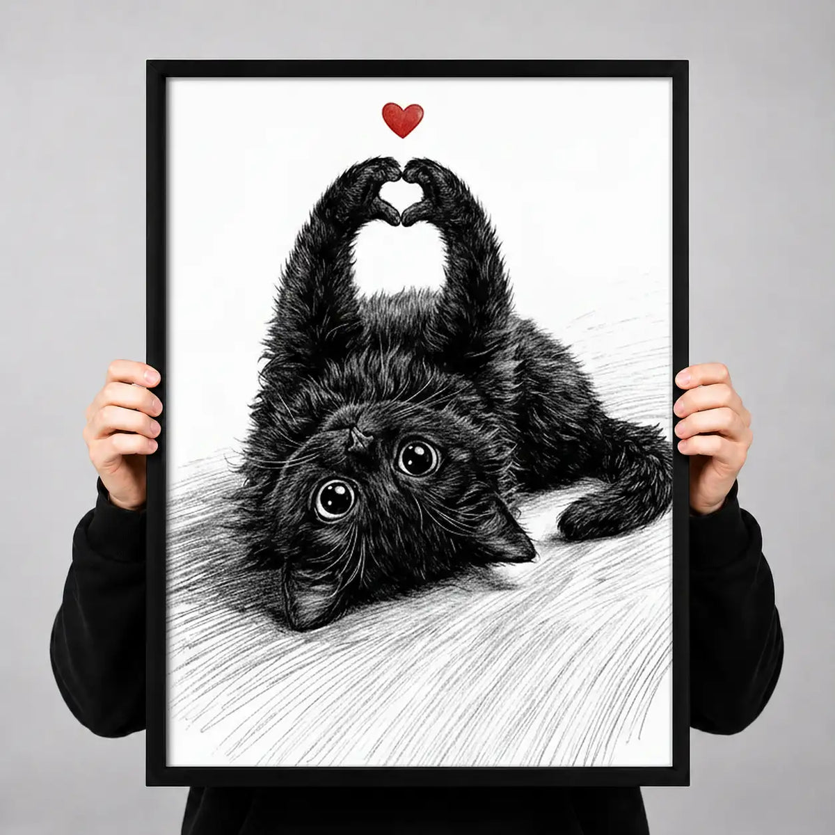 Fluffy Black Cat Making Heart Shape Wall Art 3