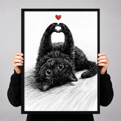 Fluffy Black Cat Making Heart Shape Wall Art 3