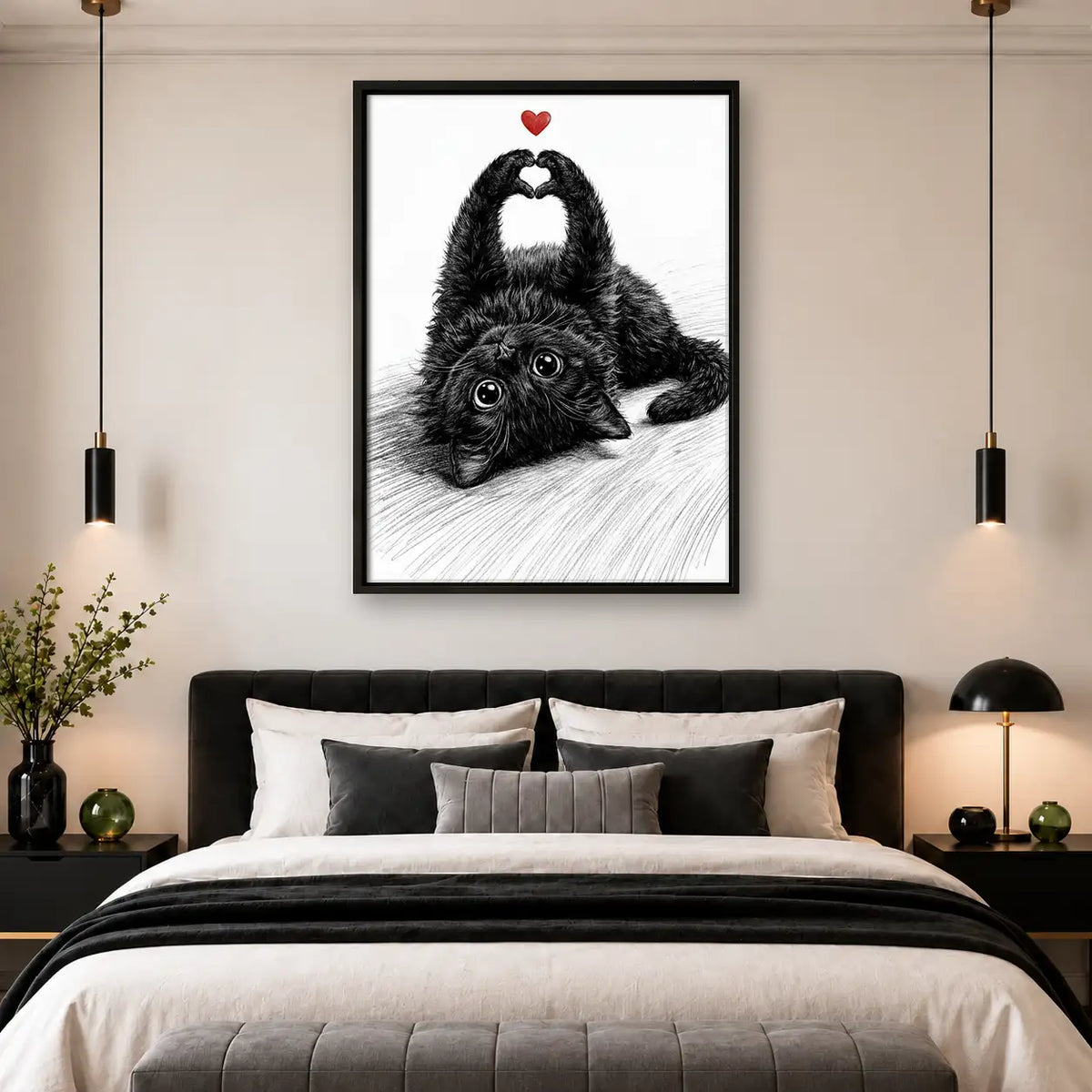Fluffy Black Cat Making Heart Shape Wall Art 4