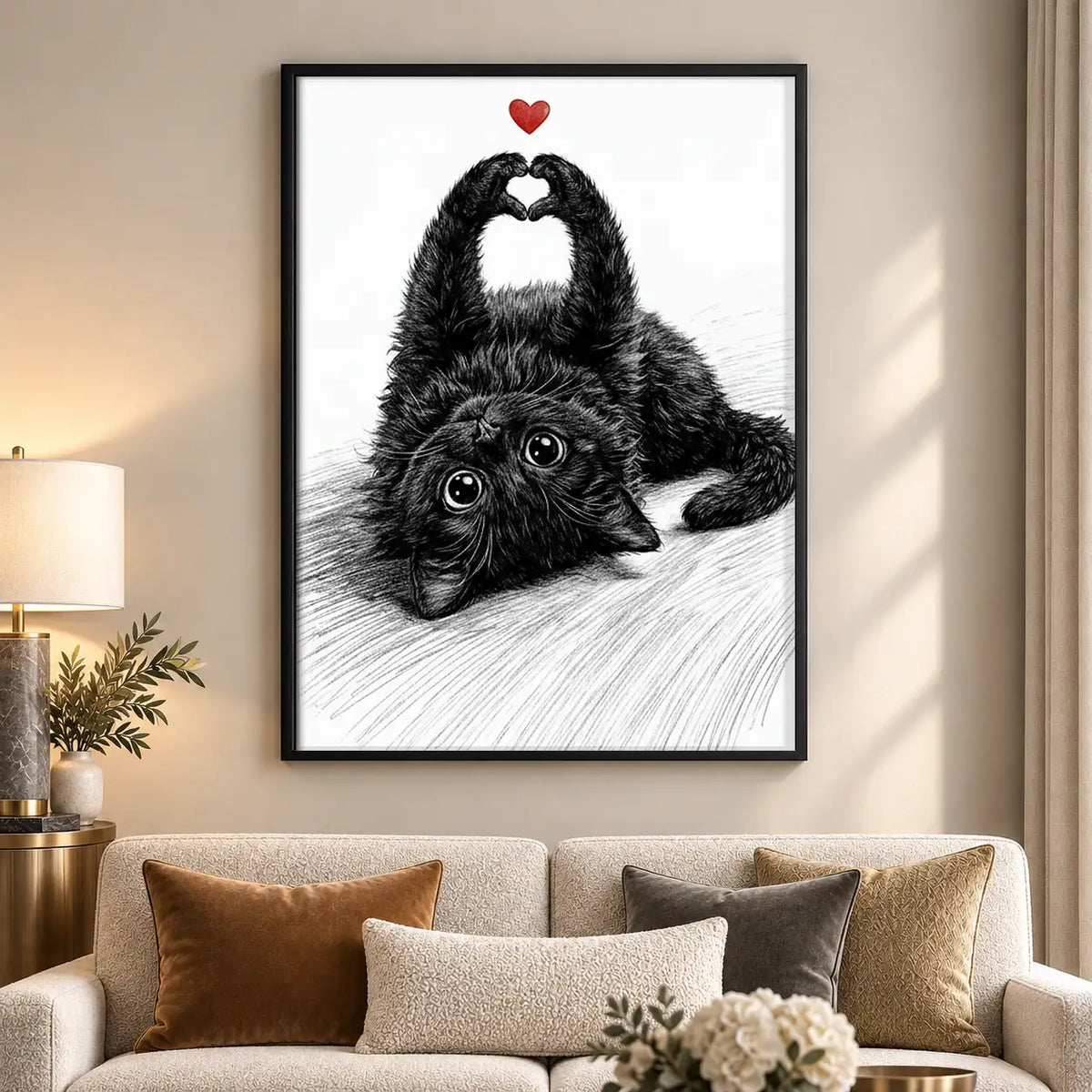 Fluffy Black Cat Making Heart Shape Wall Art 5