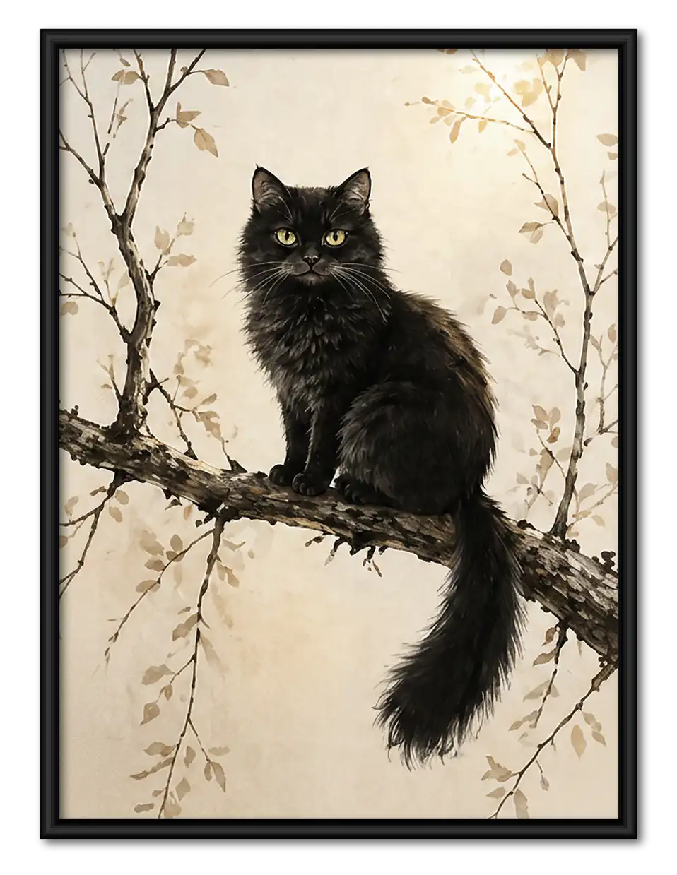 Fluffy Black Cat on Winter Branch Wall Art 1