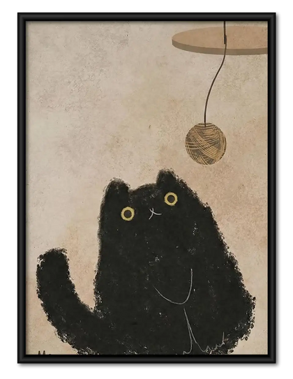 Fluffy Black Cat under Hanging Toy Wall Art