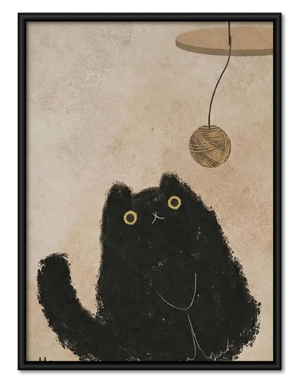 Fluffy Black Cat under Hanging Toy Wall Art