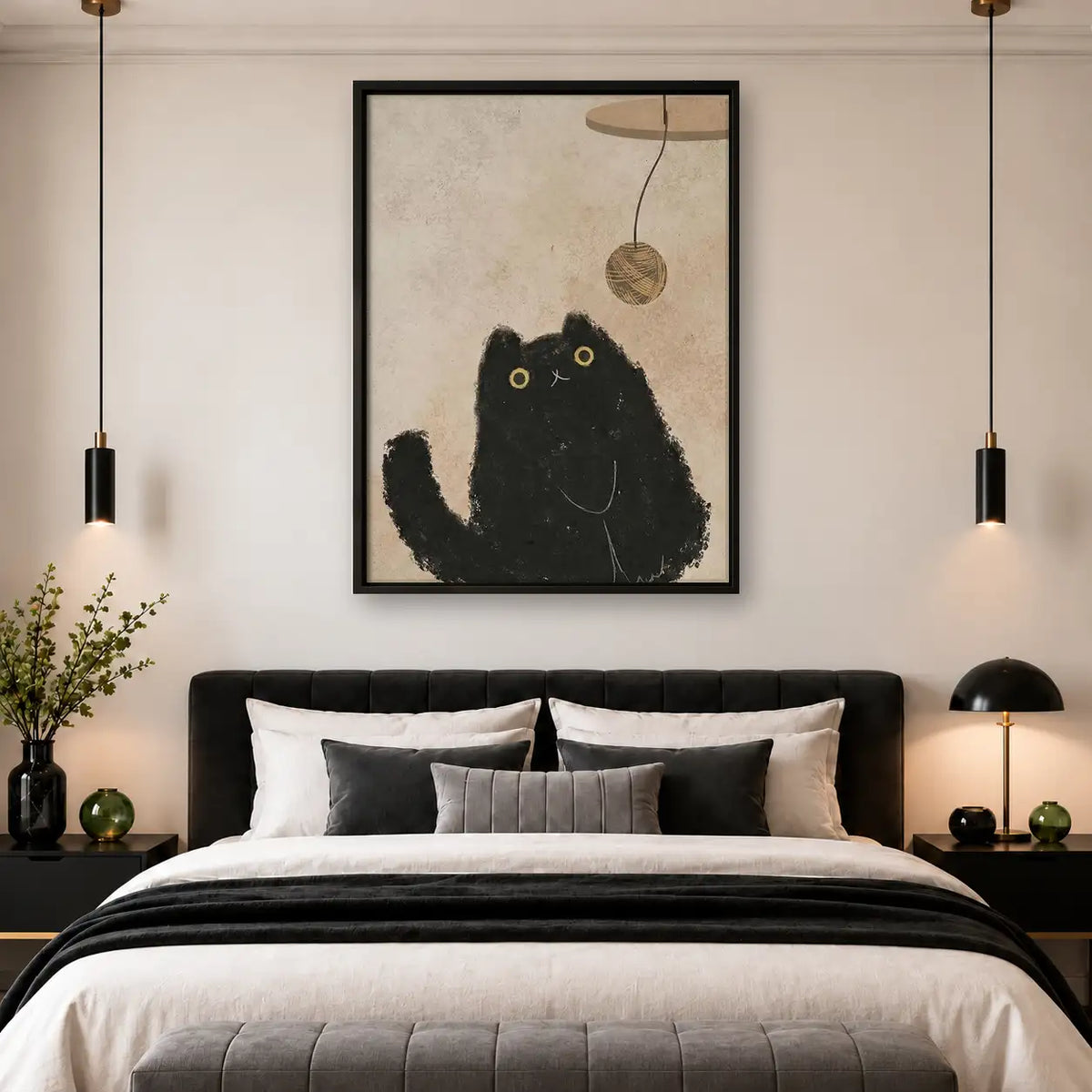 Fluffy Black Cat under Hanging Toy Wall Art 4