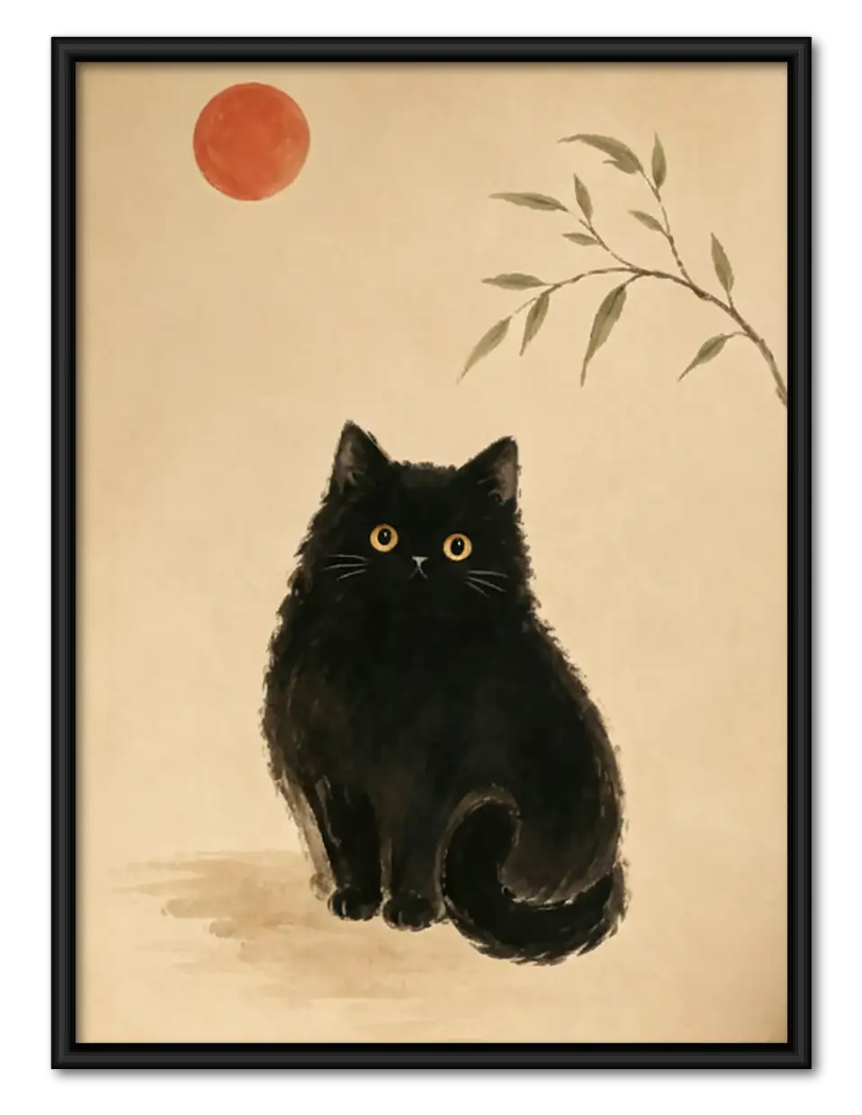 Fluffy Black Cat under Red Sun Wall Art 1