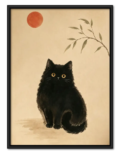 Fluffy Black Cat under Red Sun Wall Art