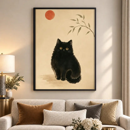 Fluffy Black Cat under Red Sun Wall Art 5