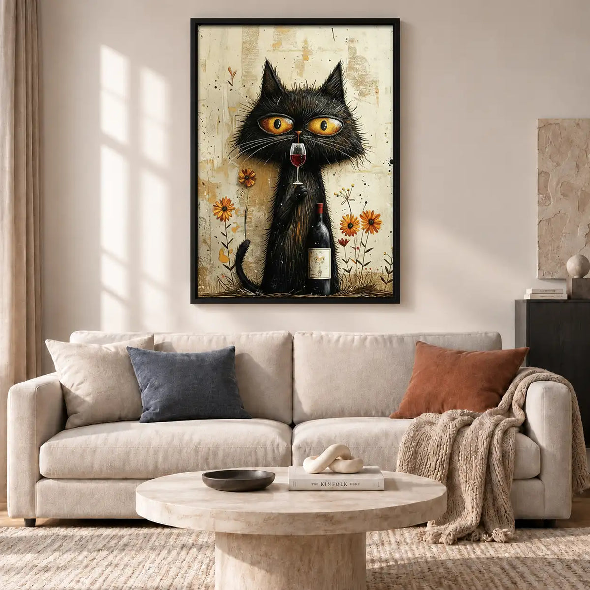 Fluffy Black Cat Wine Portrait Wall Art 2