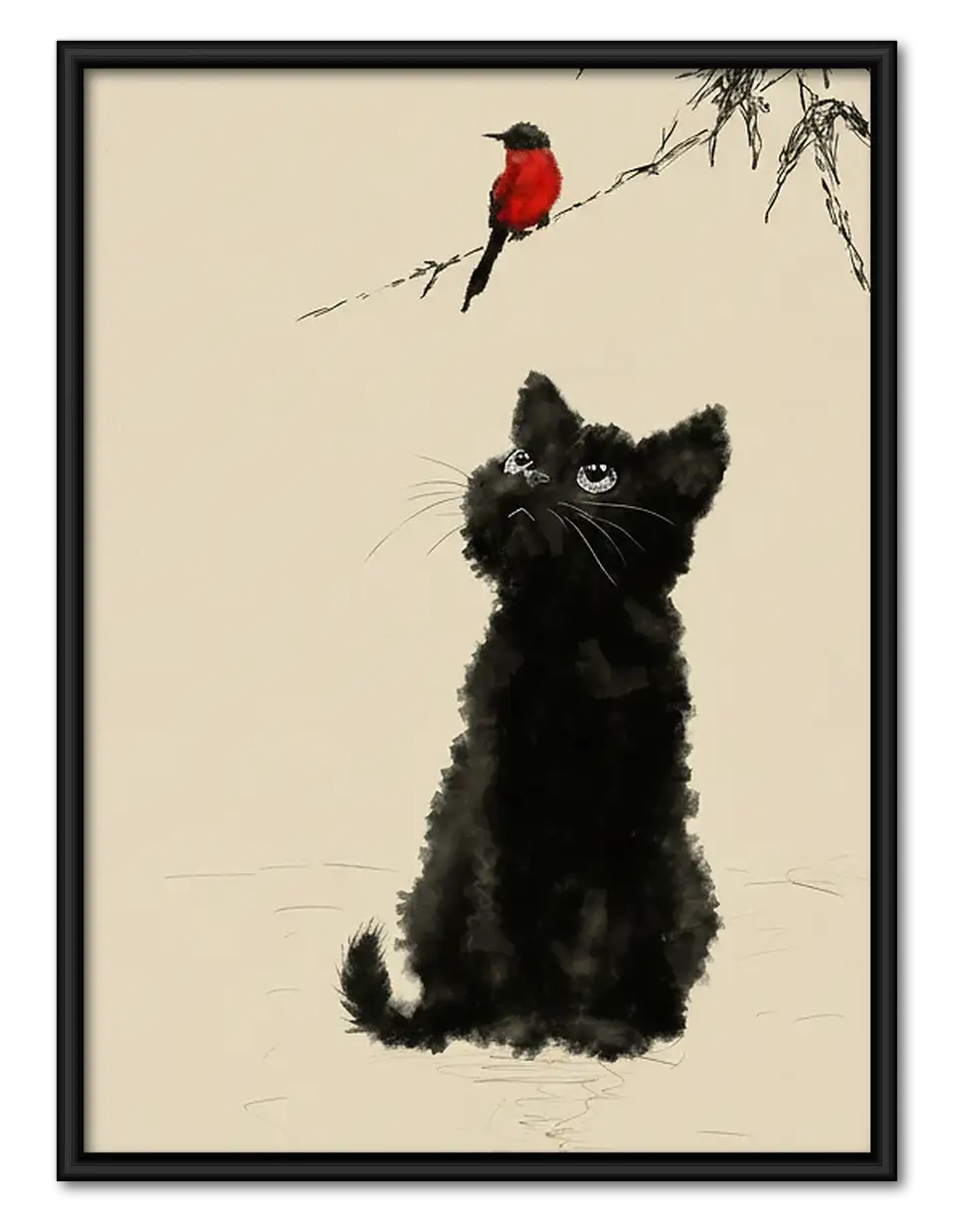 Fluffy Black Dog Watching Red Bird Wall Art 1