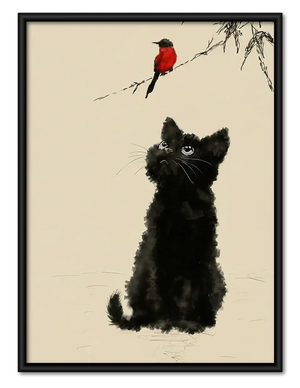 Fluffy Black Dog Watching Red Bird Wall Art