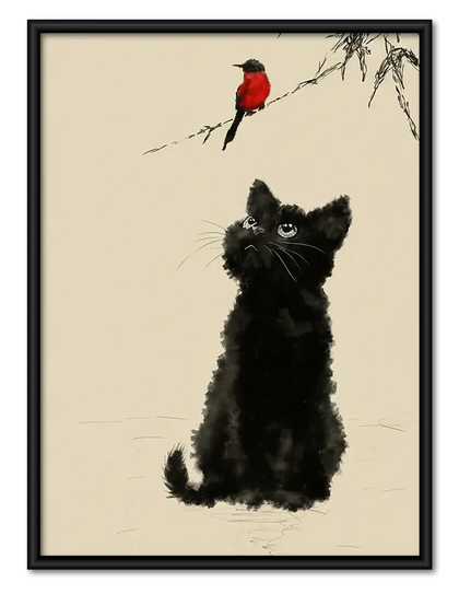 Fluffy Black Dog Watching Red Bird Wall Art