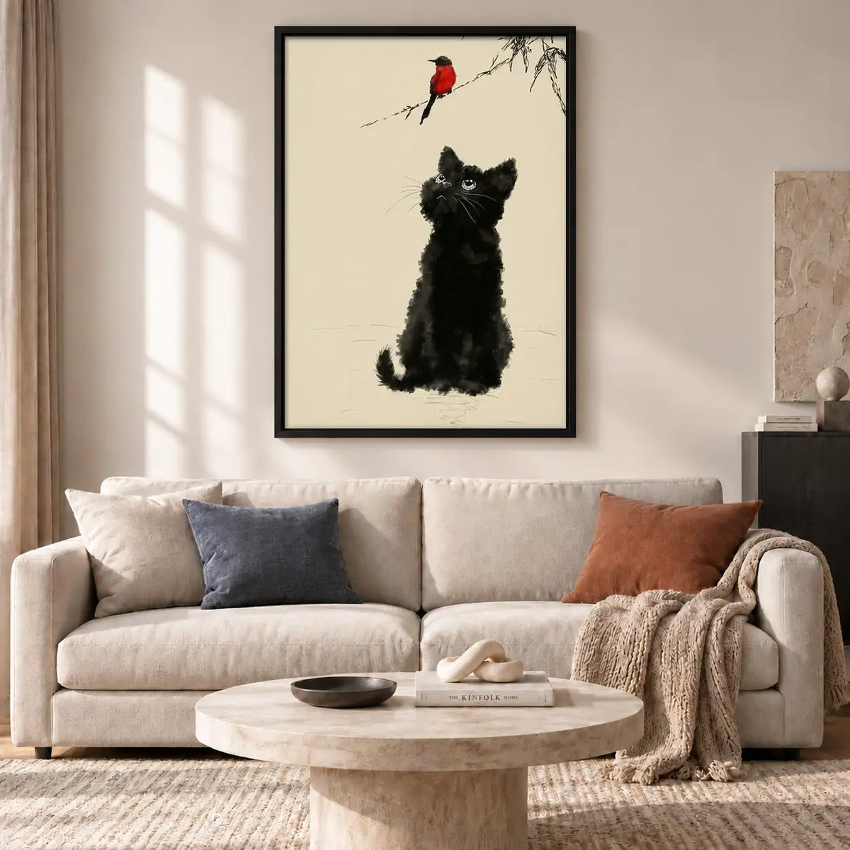 Fluffy Black Dog Watching Red Bird Wall Art 2
