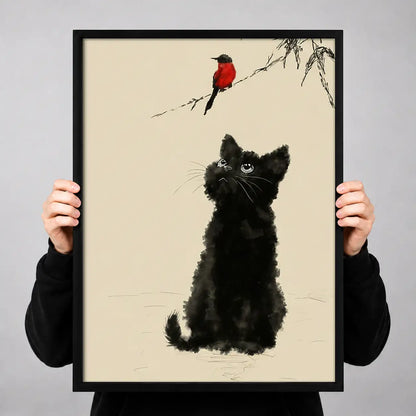 Fluffy Black Dog Watching Red Bird Wall Art 3