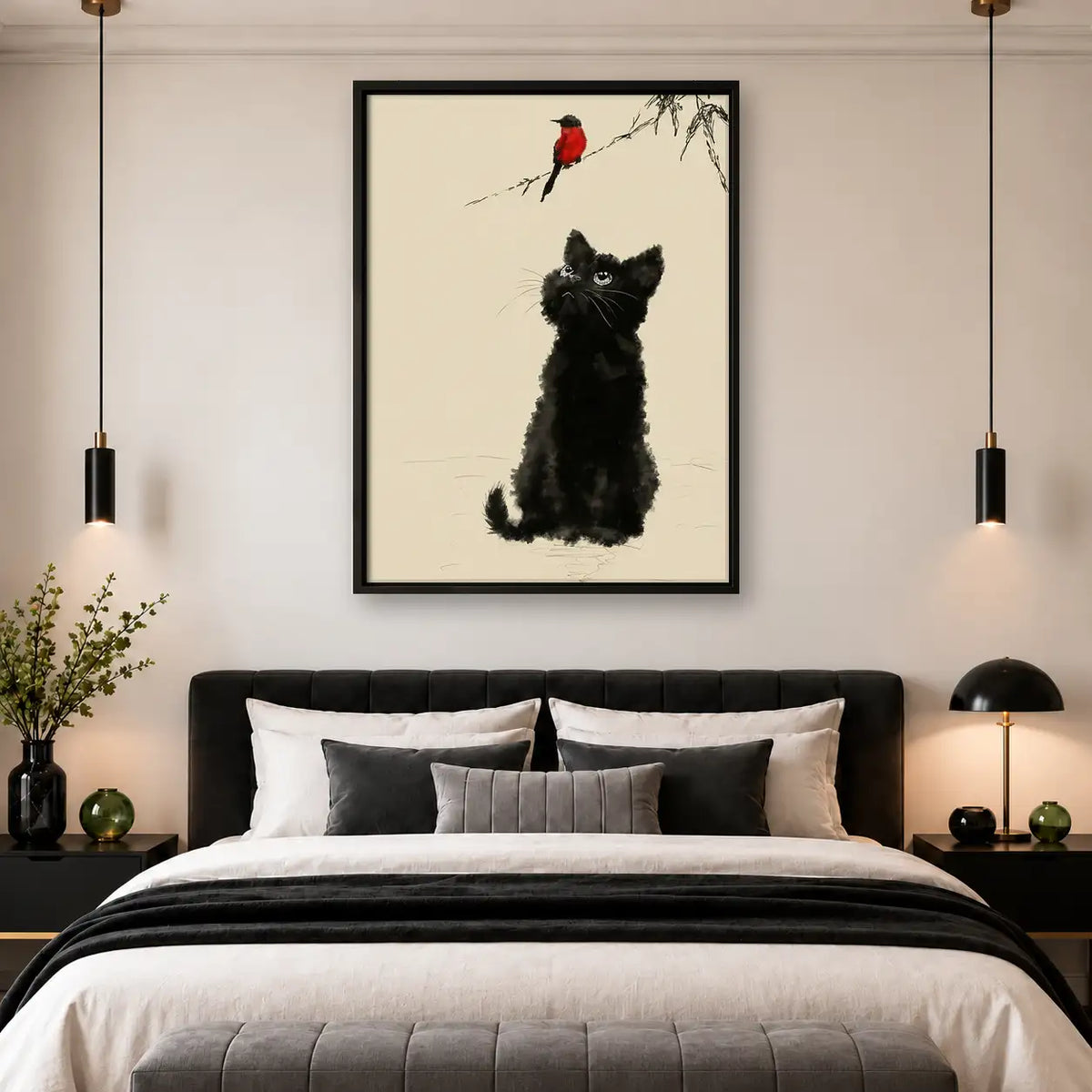 Fluffy Black Dog Watching Red Bird Wall Art 4