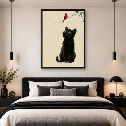 Fluffy Black Dog Watching Red Bird Wall Art 4