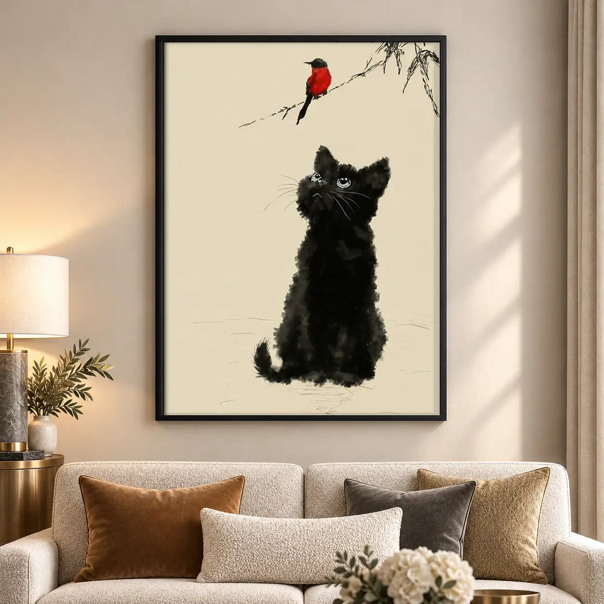 Fluffy Black Dog Watching Red Bird Wall Art 5