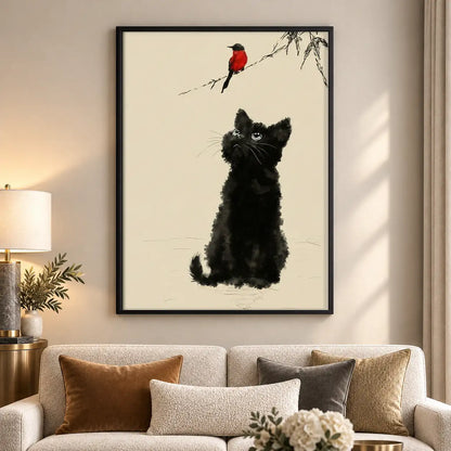 Fluffy Black Dog Watching Red Bird Wall Art 5