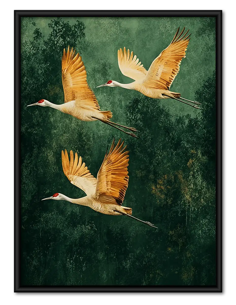 Flying Golden Cranes on Green Wall Art 1