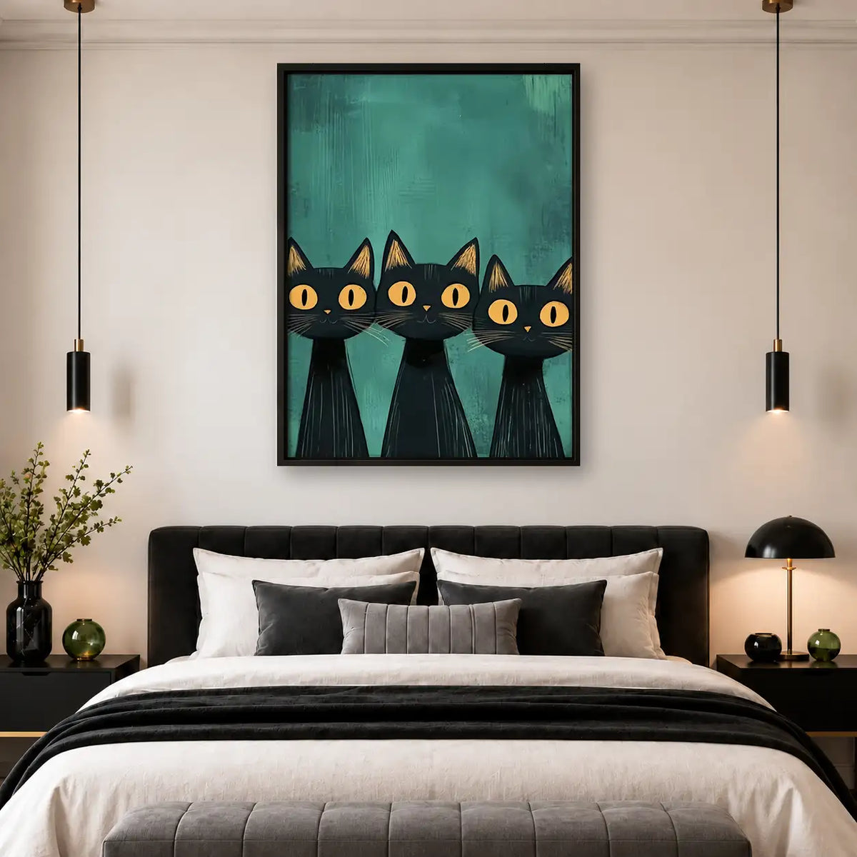 Four Black Cats on Green Wall Art 4