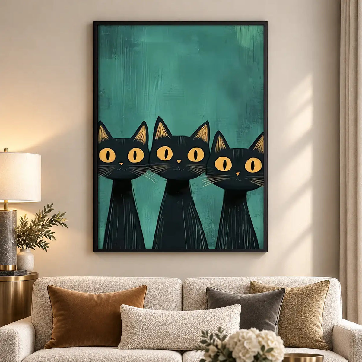 Four Black Cats on Green Wall Art 5