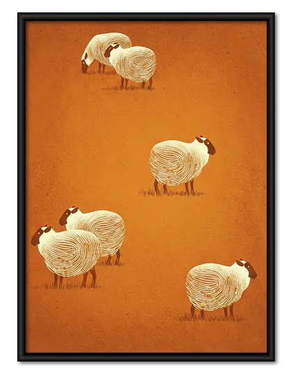 Four White Sheep on Orange Wall Art