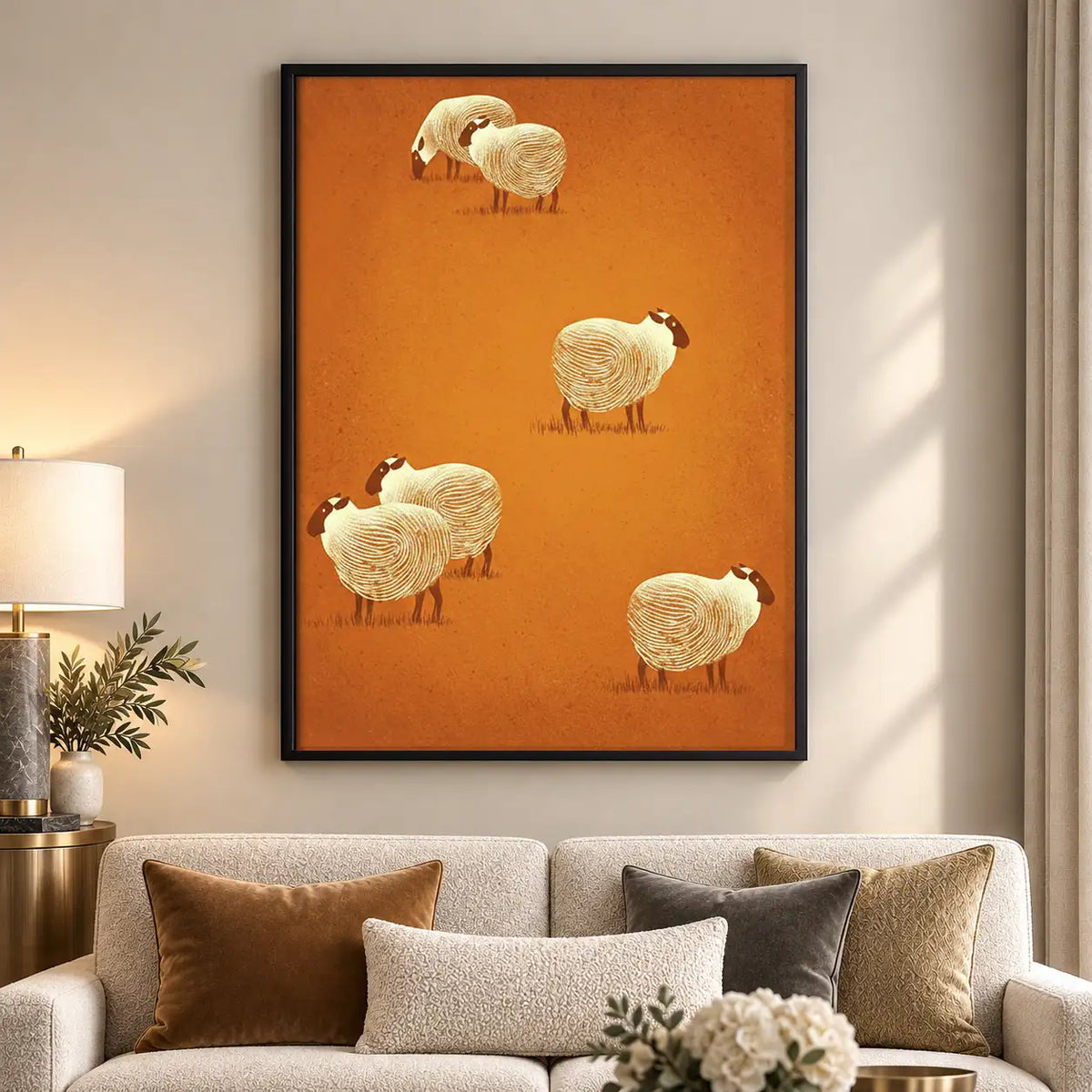 Four White Sheep on Orange Wall Art 5
