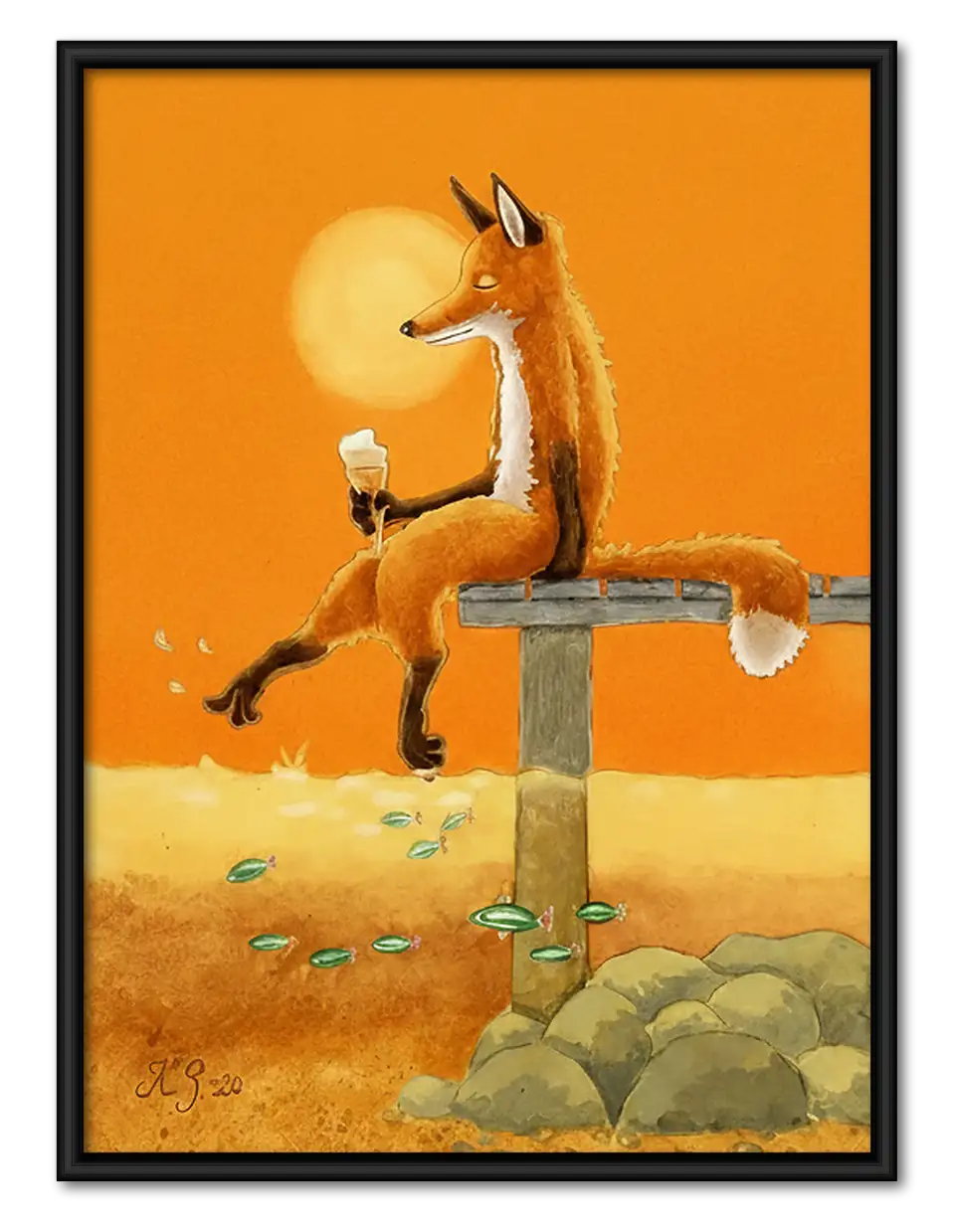 Fox Taking Bath in Orange Landscape Wall Art 1