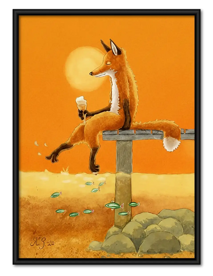 Fox Taking Bath in Orange Landscape Wall Art
