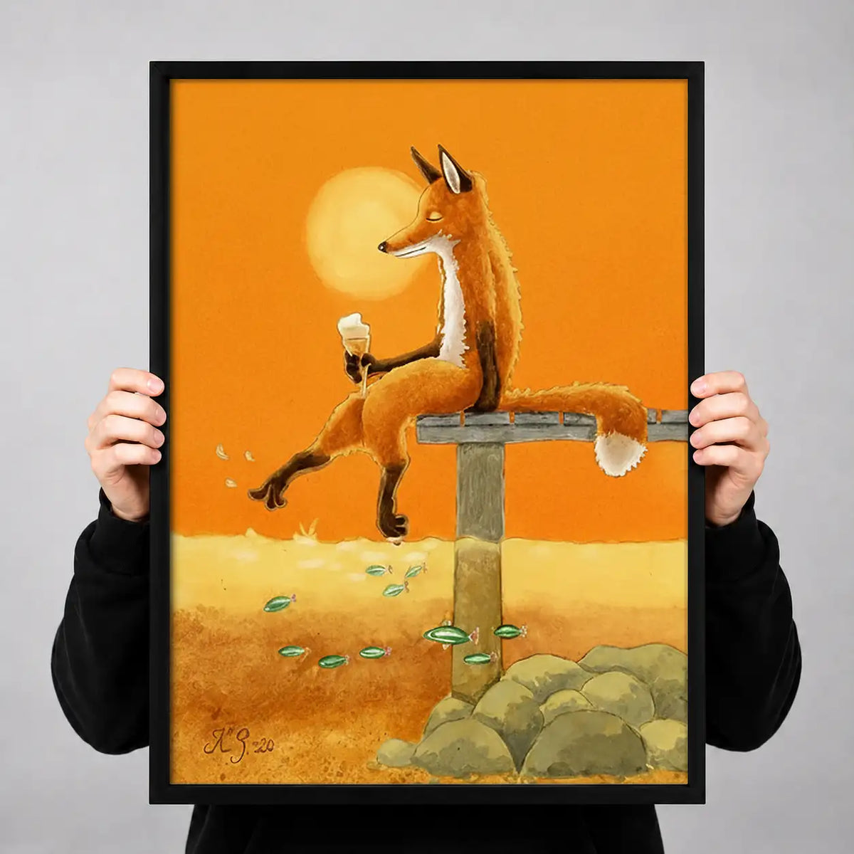 Fox Taking Bath in Orange Landscape Wall Art 3