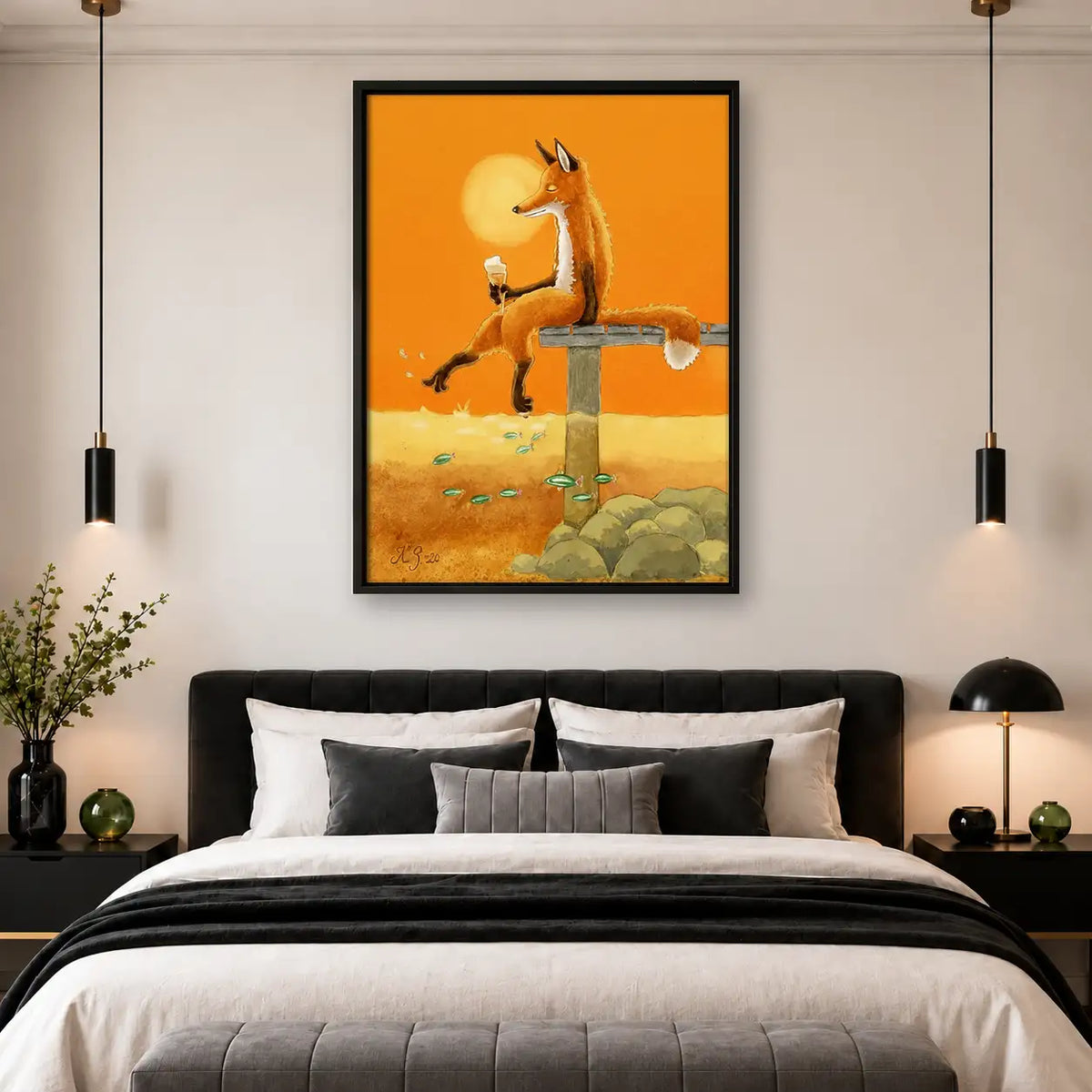 Fox Taking Bath in Orange Landscape Wall Art 4