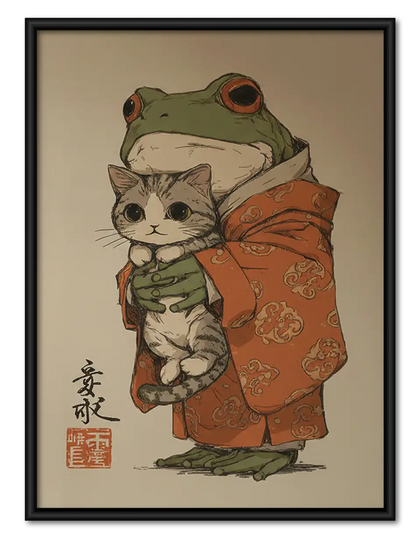 Frog and Cat in Kimono Wall Art