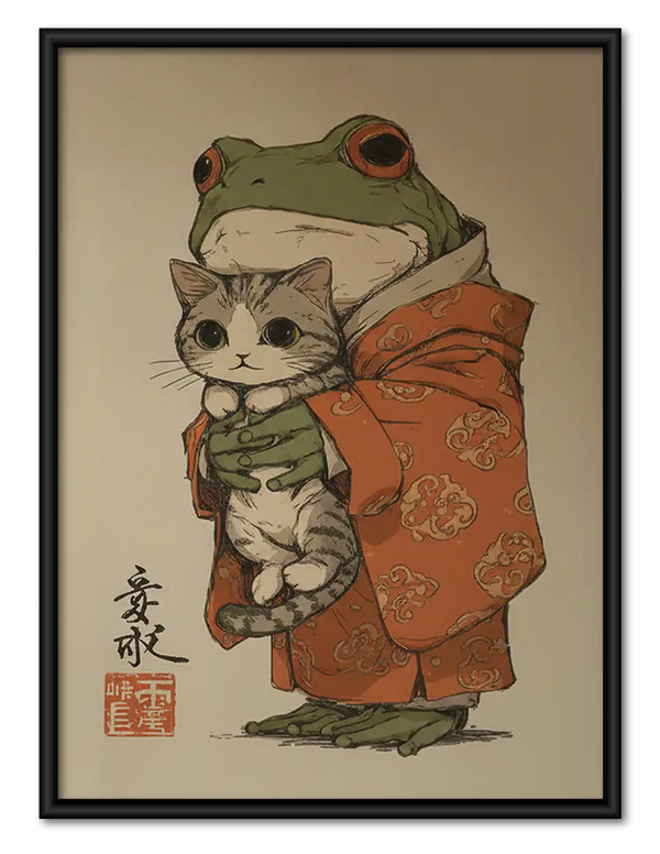 Frog and Cat in Kimono Wall Art