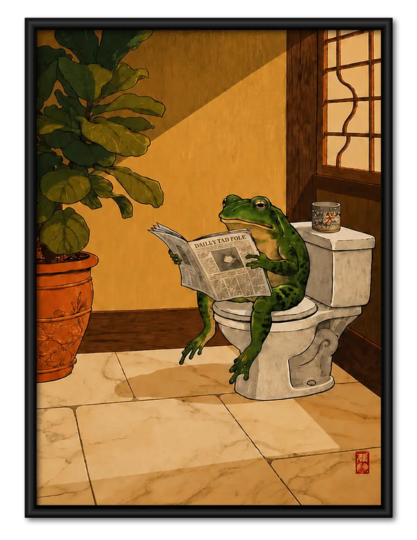Frog Reading Newspaper on Toilet Wall Art