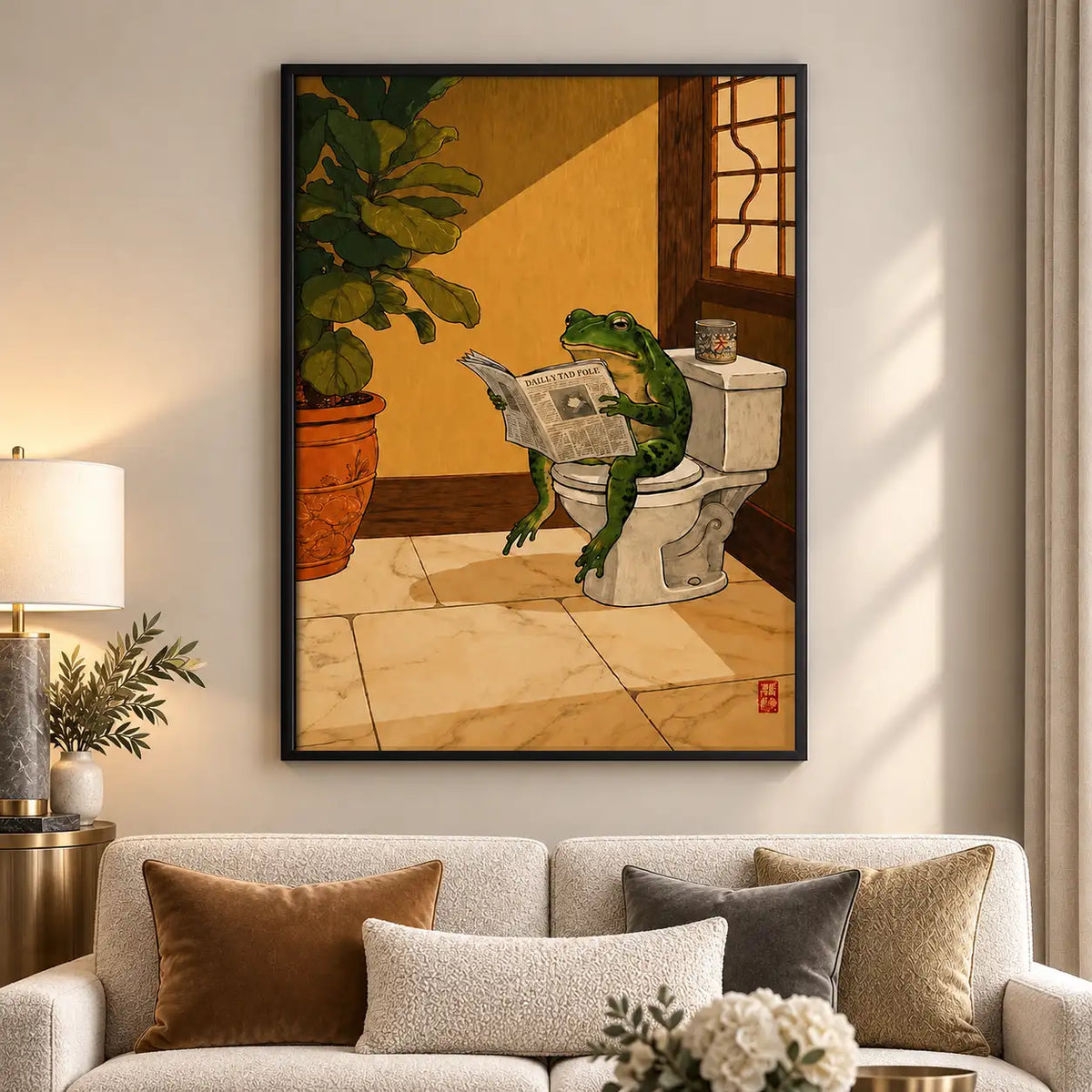 Frog Reading Newspaper on Toilet Wall Art 5