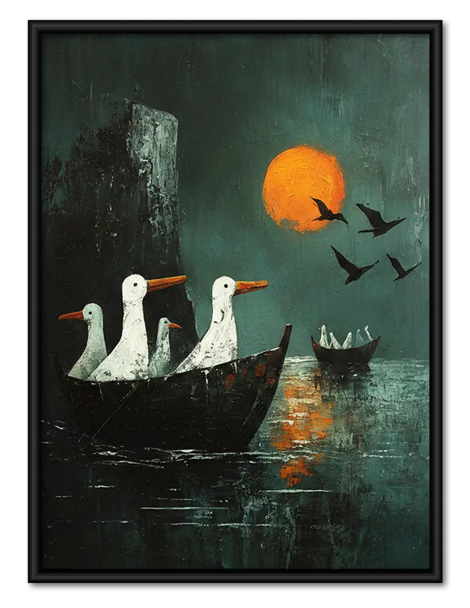 Geese Sailing beneath Orange Moon Wall Art 1