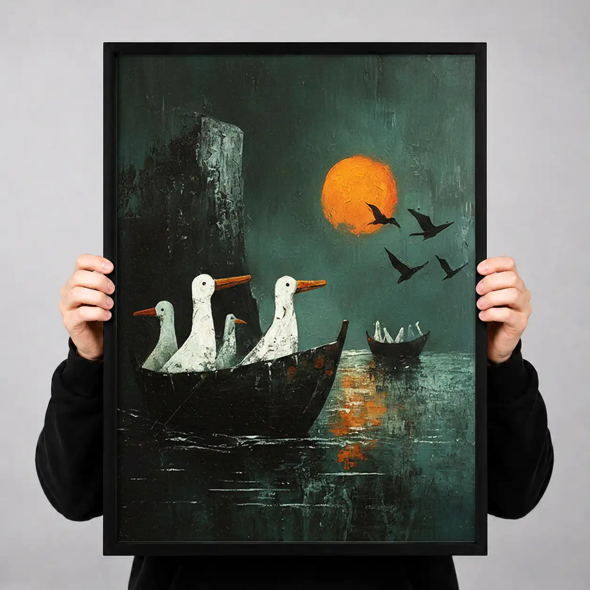Geese Sailing beneath Orange Moon Wall Art 3