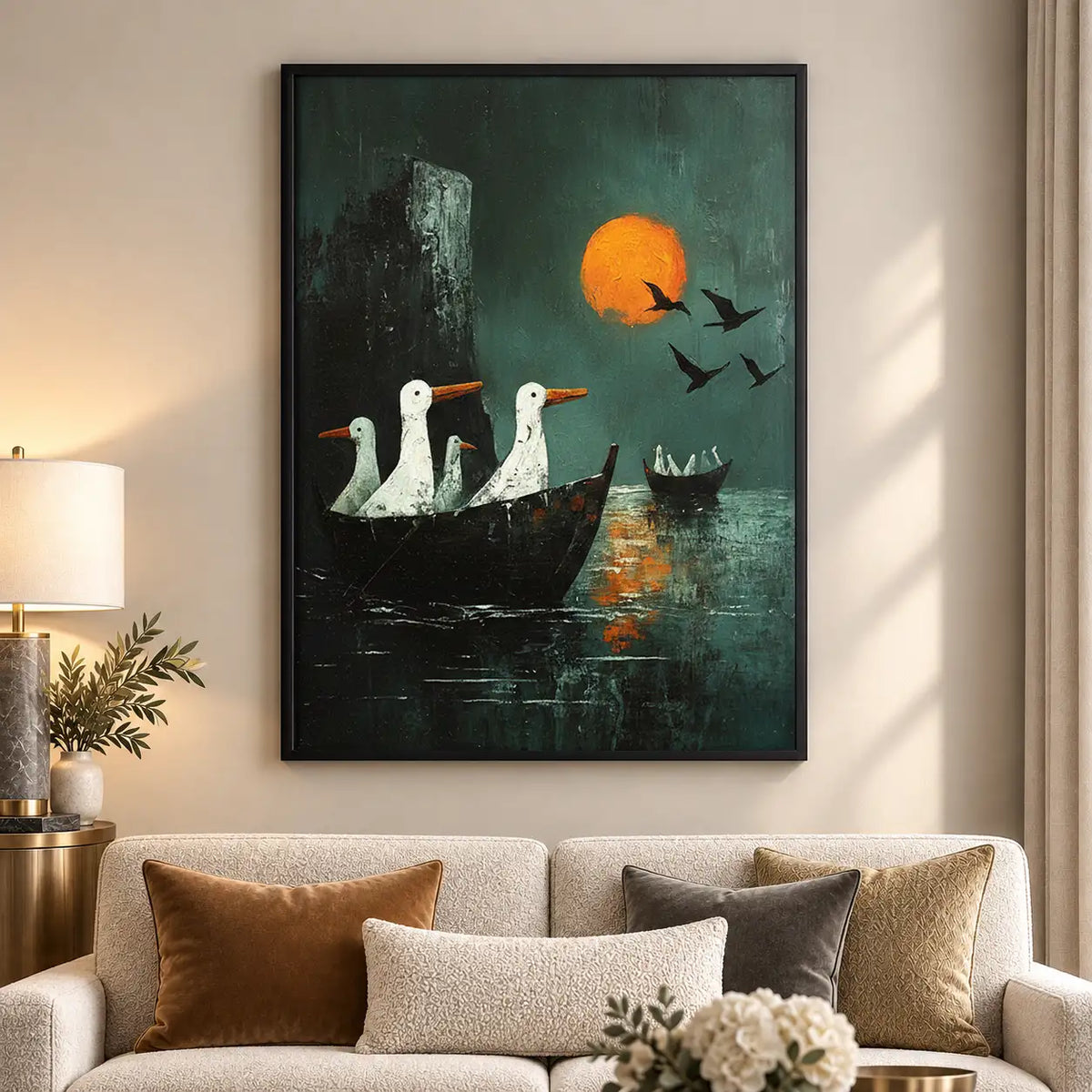 Geese Sailing beneath Orange Moon Wall Art 5