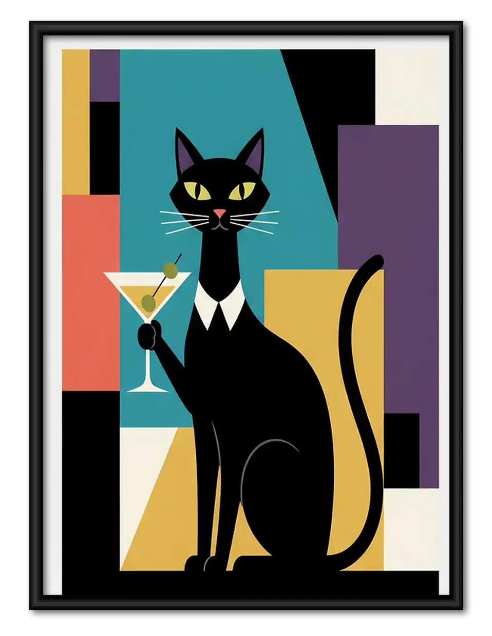 Geometric Black Cat with Martini Wall Art 1
