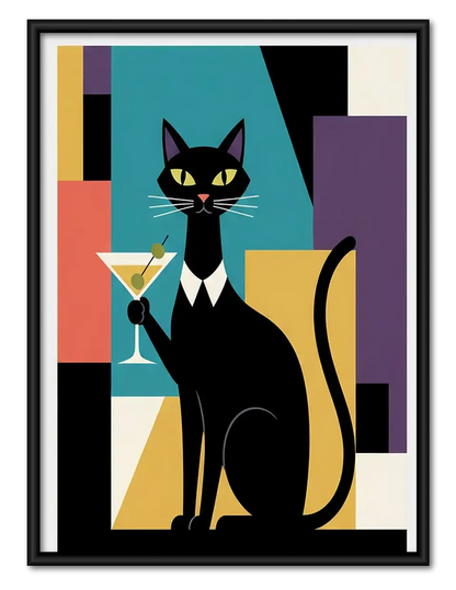 Geometric Black Cat with Martini Wall Art 1