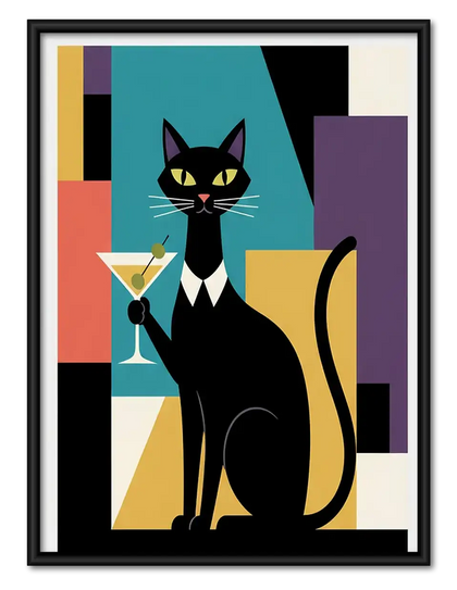 Geometric Black Cat with Martini Wall Art