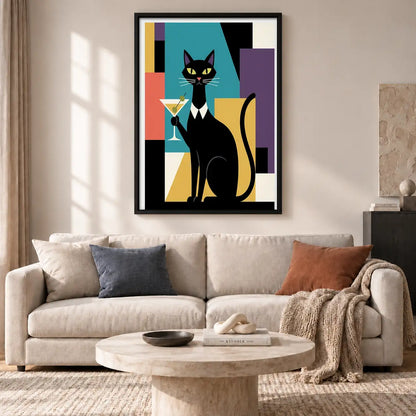 Geometric Black Cat with Martini Wall Art 2